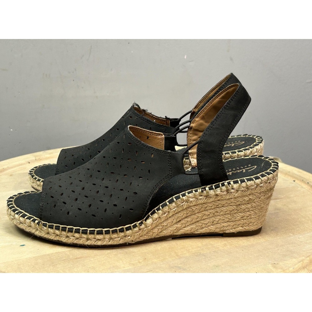 Clarks Artisan Wedge Shoes Womens Size 10 Black Espadrille Slingback Sandals - Picture 9 of 11